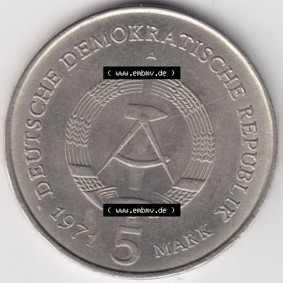 1971, 5 Mark Gedenkmünze Berlin, Brandenburger Tor, Münzen-Rückseite mit DDR-Wappen auf einen Digitalen Bild, der Münze aus Deutschland der DDR, der Deutschen... Sammlung