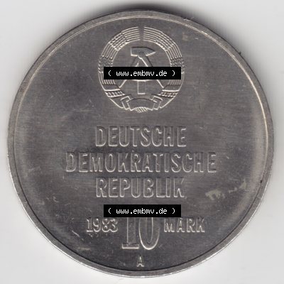 1983, 10 Mark, A 30 Jahre Kampftruppen der Arbeiterklasse, Münzen-Rückseite mit DDR-Wappen und Wert in DDR-Mark im Zahlungsverkehr zur DDR-Zeiten auf einen Digitalen Bild,... Sammlung