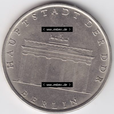 1971, 5 Mark Gedenkmünze Berlin, Brandenburger Tor, Münzen-Vorderseite mit dem Motiv der Münze auf einen Digitalen Bild, der Münze aus Deutschland der DDR,... Sammlung