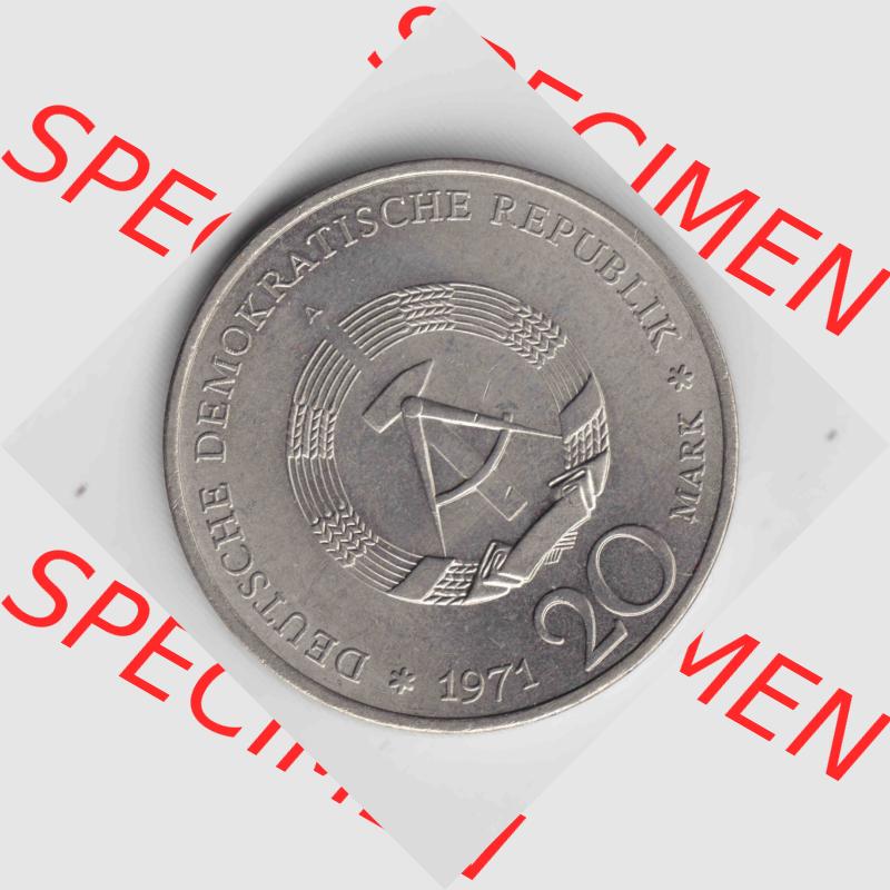 1971, 20 Mark Ernst Thälmann 1886-1944, Münzen-Rückseite mit DDR-Wappen auf einen Digitalen Bild, der Münze aus Deutschland der DDR, der Deutschen Demokratischen... Sammlung