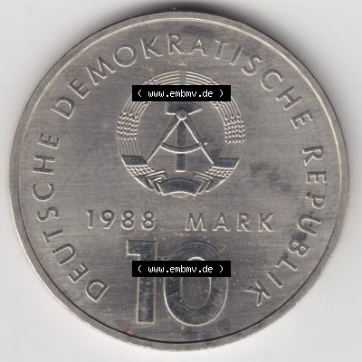 1988, 10 Mark, A DDR Sport, Münzen-Rückseite mit DDR-Wappen und Wert in DDR-Mark im Zahlungsverkehr zur DDR-Zeiten auf einen Digitalen Bild, der Münze aus Deutschland... Sammlung