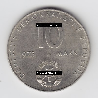1975, 10 Mark DDR Gedenkmünze, 20 Jahre Warschauer-Vetrag, Münzen-Rückseite mit DDR-Wappen und Wert in Mark im Zahlungsverkehr zur DDR-Zeiten auf einen Digitalen Bild,... Sammlung