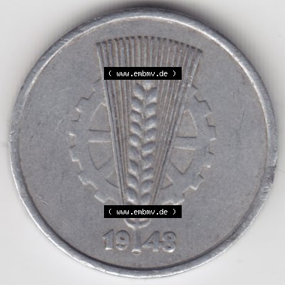 1948, A 10 Pfennig Münzen-Rückseite mit Wappen Deutschland der DDR, der Deutschen Demokratischen Republik, die DDR Münzen können auf EMBMV im Katalog katalogisiert... Sammlung