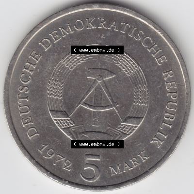 1983, 5 Mark, Meißener Burgberg mit Dom und Albrechtsburg, Münzen-Rückseite mit DDR-Wappen und Wert in DDR-Mark im Zahlungsverkehr zur DDR-Zeiten auf einen Digitalen Bild,... Sammlung