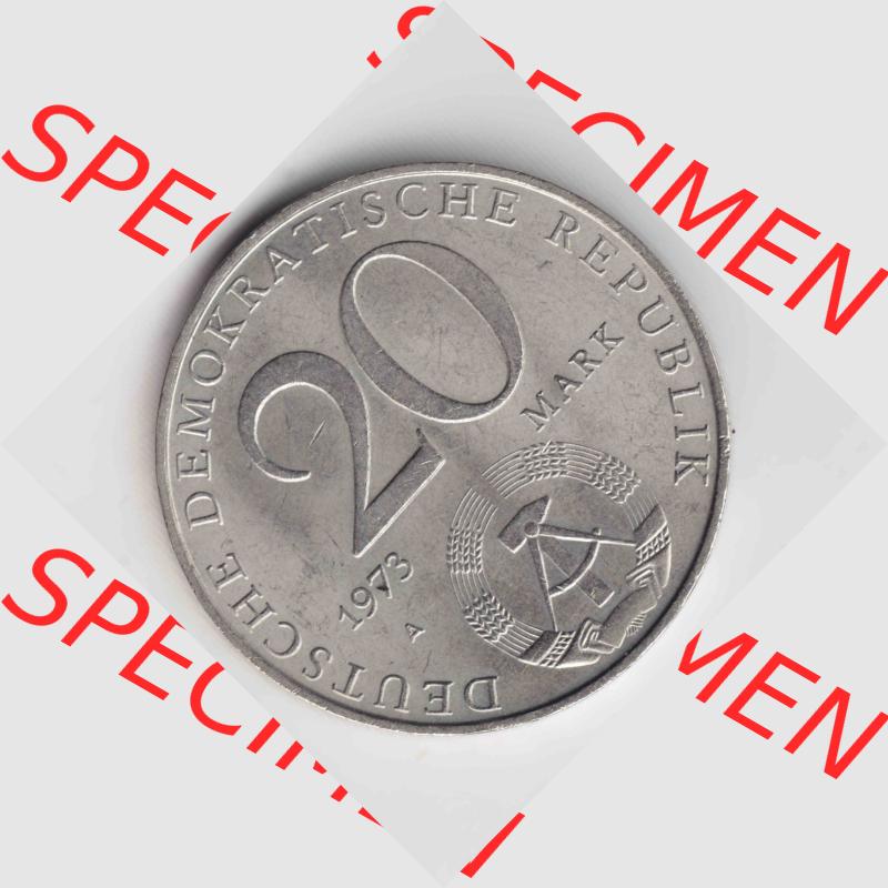 1973, 20 Mark Otto Grotewohl, Münzen-Rückseite mit DDR-Wappen auf einen Digitalen Bild, der Münze aus Deutschland der DDR, der Deutschen Demokratischen Republik,... Sammlung