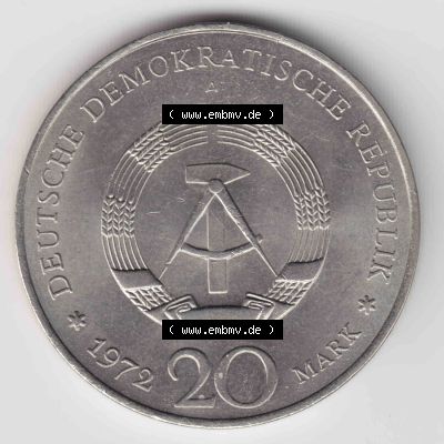 1972, 20 Mark Friedrich v. Schiller, Münzen-Rückseite mit DDR-Wappen auf einen Digitalen Bild, der Münze aus Deutschland der DDR, der Deutschen Demokratischen... Sammlung