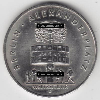 1987, 5 Mark, A Berlin Alexanderplatz, Weltzeituhr, Münzen-Vorderseite mit Motiv der DDR Gedenkmünze auf einen Digitalen Bild, der Münze aus Deutschland der... Sammlung