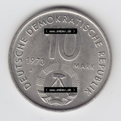 1973, 10 Mark Gedenkmünze der DDR, X. Weltfestspiel der Jugend und Studentenen in Berlin, Münzen-Rückseite mit DDR-Wappen auf einen Digitalen Bild, der Münze... Sammlung