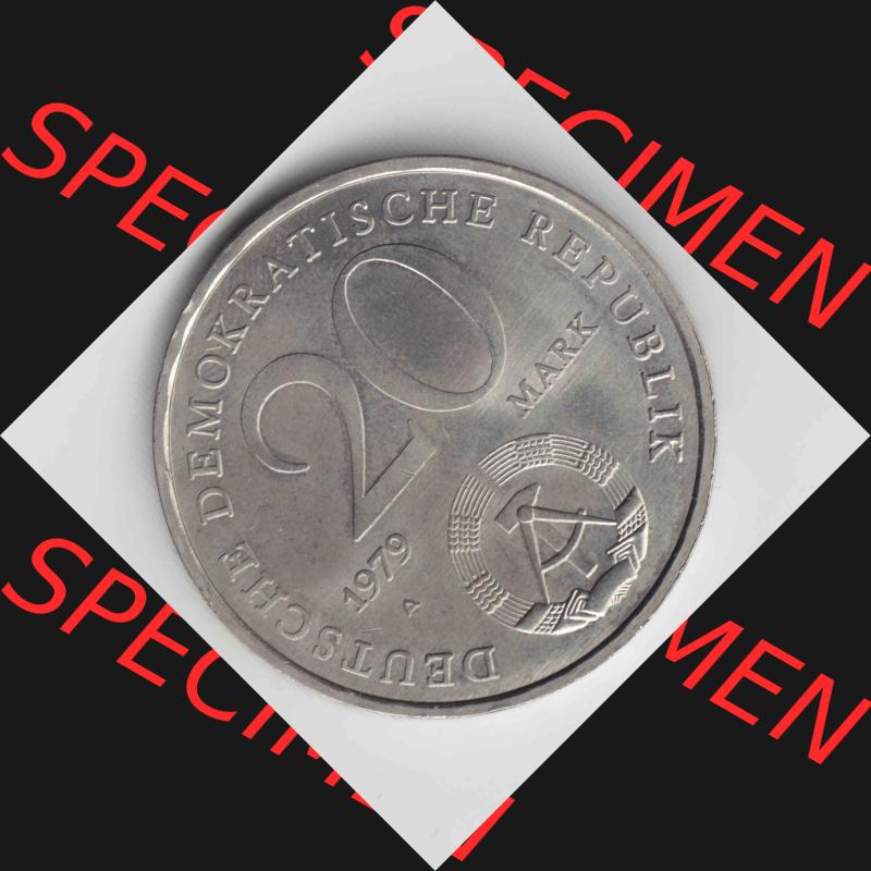 1979, 20 Mark 30 Jahre DDR, Münzen-Rückseite mit DDR-Wappen und Wert in Mark im Zahlungsverkehr zur DDR-Zeiten auf einen Digitalen Bild, der Münze aus Deutschland der DDR,... Sammlung