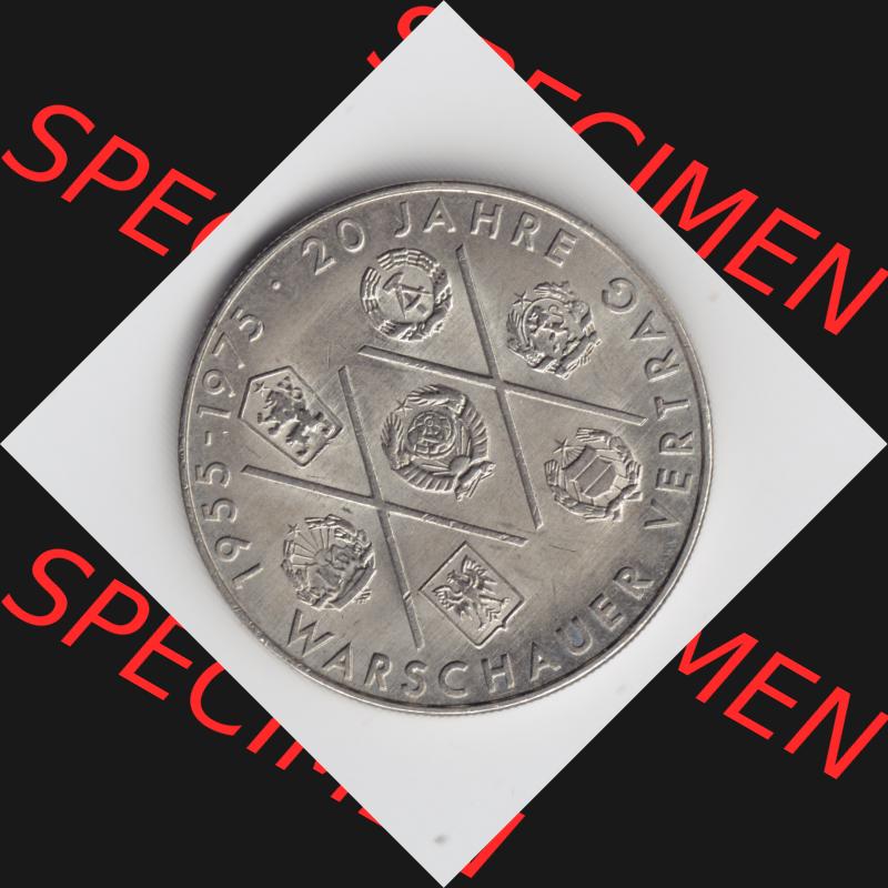 1975, 10 Mark DDR Gedenkmünze, 20 Jahre Warschauer-Vetrag, Münzen-Vorderseite mit Motiv der DDR Gedenkmünze auf einen Digitalen Bild, der Münze aus Deutschland... Sammlung