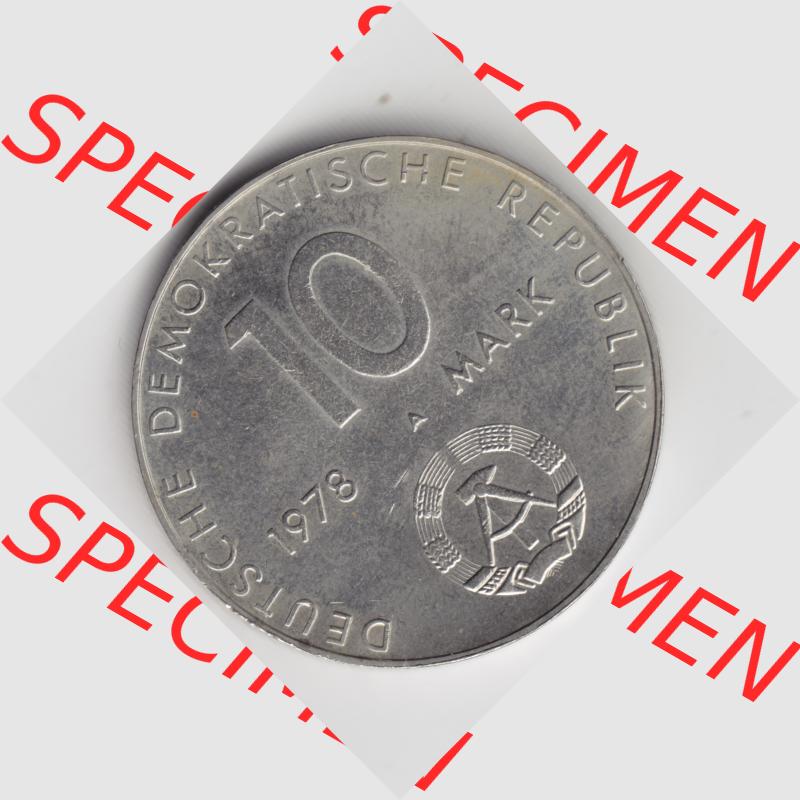 1978, 10 Mark, A Gemeinsamer Weltraumflug UDSSR-DDR, Münzen-Rückseite mit DDR-Wappen und Wert in Mark im Zahlungsverkehr zur DDR-Zeiten auf einen Digitalen Bild, der Münze... Sammlung