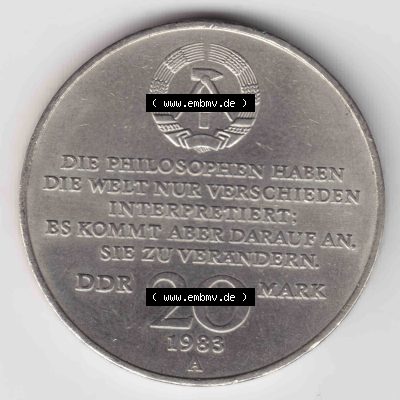1983, 20 Mark DDR Gedenkmünze Karl Marx 1818-1883, Münzen-Rückseite mit DDR-Wappen und Wert in DDR-Mark im Zahlungsverkehr zur DDR-Zeiten auf einen Digitalen Bild, der... Sammlung