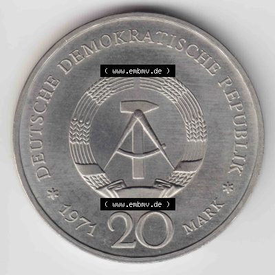 1971, 20 Mark Heinrich Mann 1871-1950, Münzen-Rückseite mit DDR-Wappen auf einen Digitalen Bild, der Münze aus Deutschland der DDR, der Deutschen Demokratischen Republik,... Sammlung