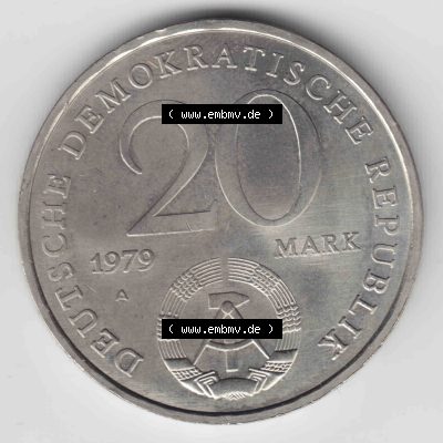 1979, 20 Mark 30 Jahre DDR, Münzen-Rückseite mit DDR-Wappen und Wert in Mark im Zahlungsverkehr zur DDR-Zeiten auf einen Digitalen Bild, der Münze aus Deutschland der DDR,... Sammlung