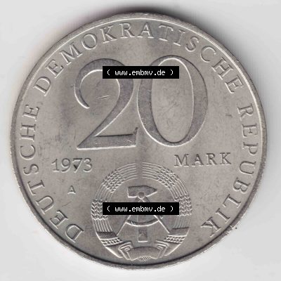 1973, 20 Mark Otto Grotewohl, Münzen-Rückseite mit DDR-Wappen auf einen Digitalen Bild, der Münze aus Deutschland der DDR, der Deutschen Demokratischen Republik,... Sammlung
