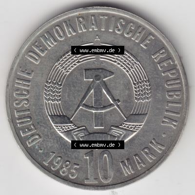 1985, 10 Mark A 40. Jahrestag des Sieges über den Hitlerfaschismus und der Befreiung des deutschen Volkes vom Faschismus, Münzen-Rückseite mit DDR-Wappen und Wert in DDR-Mark... Sammlung