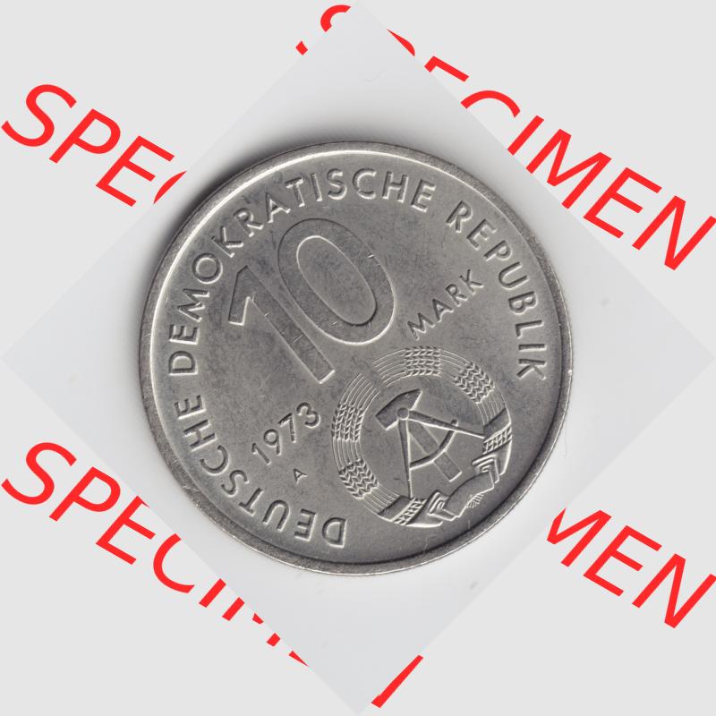 1973, 10 Mark Gedenkmünze der DDR, X. Weltfestspiel der Jugend und Studentenen in Berlin, Münzen-Rückseite mit DDR-Wappen auf einen Digitalen Bild, der Münze... Sammlung