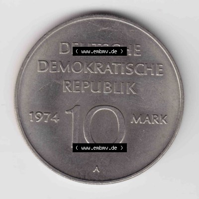 1974, 10 Mark Alles mit dem Volk, Alles für das Volk, Münzen-Rückseite mit DDR-Wappen und Wert-Angabe auf einen Digitalen Bild, der Münze aus Deutschland der... Sammlung