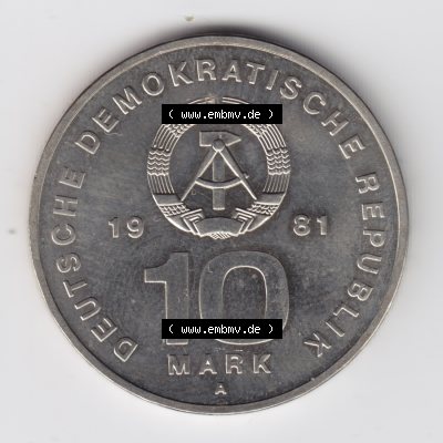 1981, 10 Mark 1956-1981 NVA, 25 Jahre NVA, Münzen-Rückseite mit DDR-Wappen und Wert in Mark im Zahlungsverkehr zur DDR-Zeiten auf einen Digitalen Bild, der Münze... Sammlung