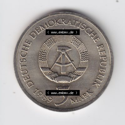 1989, 5 Mark Marienkirche, Mühlhausen, Münzen-Rückseite mit DDR-Wappen und Wert in Mark im Zahlungsverkehr zur DDR-Zeiten auf einen Digitalen Bild, der Münze... Sammlung