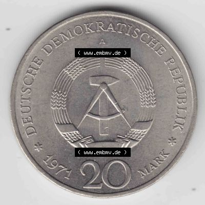 1971, 20 Mark Ernst Thälmann 1886-1944, Münzen-Rückseite mit DDR-Wappen auf einen Digitalen Bild, der Münze aus Deutschland der DDR, der Deutschen Demokratischen... Sammlung