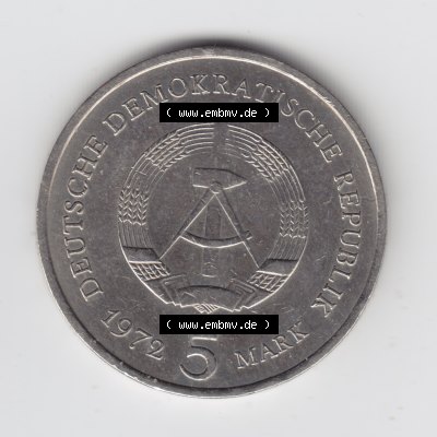 1972, 5 Mark DDR-Gedenkmünz Meissen, Münzen-Rückseite mit DDR-Wappen auf einen Digitalen Bild, der Münze aus Deutschland der DDR, der Deutschen Demokratischen... Sammlung