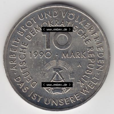 1990, 10 Mark, A 100 Jahre 1. Mai, Münzen-Rückseite mit DDR-Wappen und Wert in Mark im Zahlungsverkehr zur DDR-Zeiten auf einen Digitalen Bild, der Münze aus... Sammlung