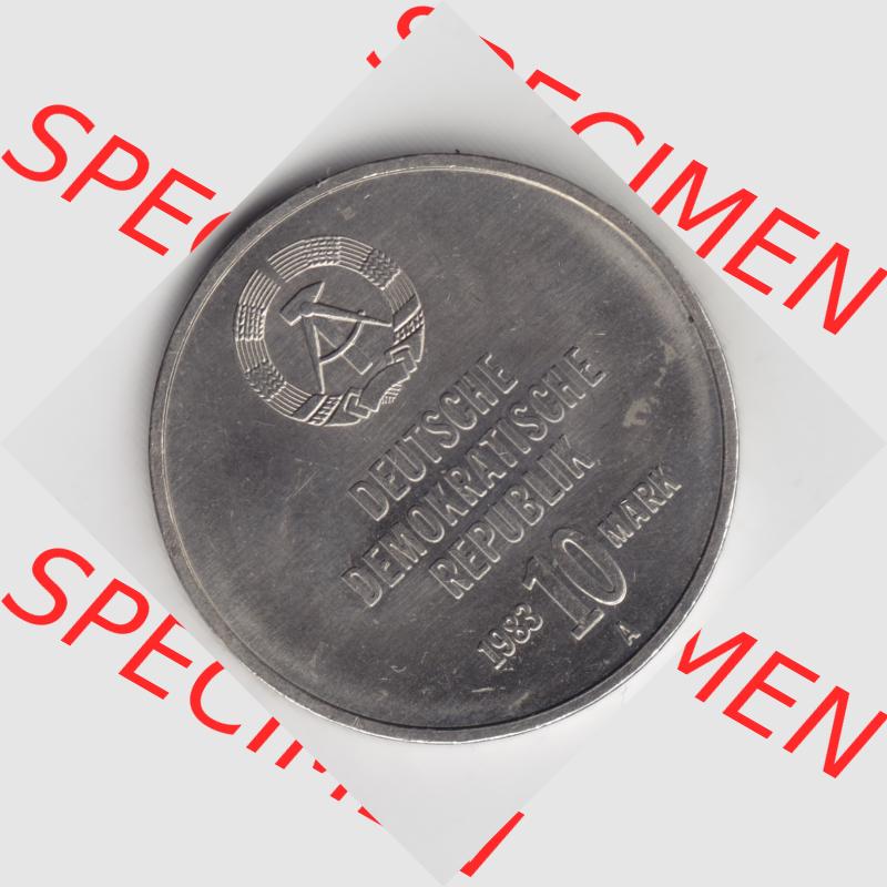 1983, 10 Mark, A 30 Jahre Kampftruppen der Arbeiterklasse, Münzen-Rückseite mit DDR-Wappen und Wert in DDR-Mark im Zahlungsverkehr zur DDR-Zeiten auf einen Digitalen Bild,... Sammlung