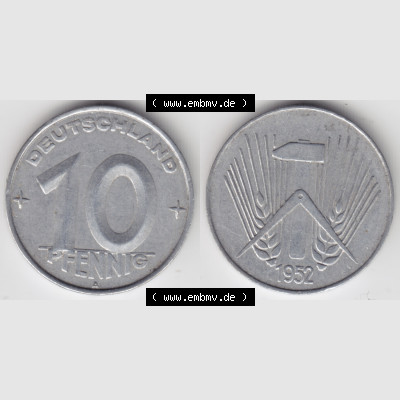 DDR Münze 1952, A 10 Pfennig - Münzen-Vorderseite und Rückseite mit Wappen auf einen Digitalen Bild, der Münze aus Deutschland der DDR, der Deutschen Demokratischen... Sammlung