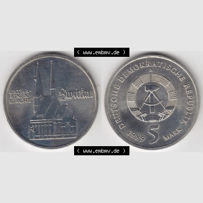 DDR Münze 1989, 5 Mark A Katharinenkirche in Zwickau - Münzen-Vorderseite und Rückseite mit Wappen auf einen Digitalen Bild, der Münze aus Deutschland der DDR, der... Sammlung