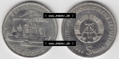 DDR Münze 1988, 5 Mark A Überseehafen Rostock, Semicontainerschiff - Münzen-Vorderseite und Rückseite mit Wappen auf einen... Sammlung