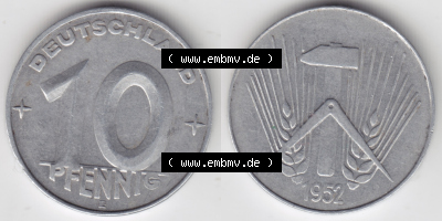 DDR Münze 1952, E 10 Pfennig - Münzen-Vorderseite und Rückseite mit Wappen auf einen Digitalen Bild, der Münze aus Deutschland... Sammlung