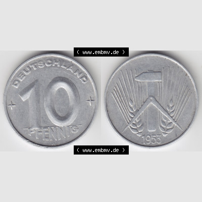 DDR Münze 1953, A 10 Pfennig - Münzen-Vorderseite und Rückseite mit Wappen auf einen Digitalen Bild, der Münze aus Deutschland der DDR, der Deutschen Demokratischen... Sammlung