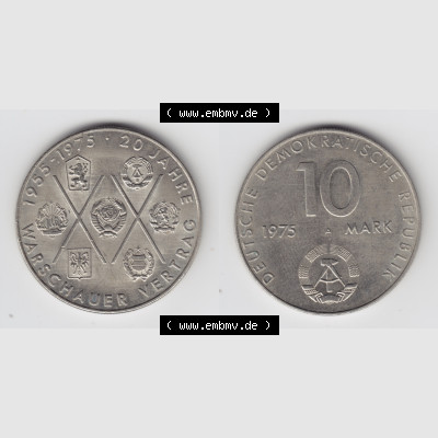 DDR Münze 1975, 10 Mark Gedenkmünze der DDR, 20 Jahre Warschauer-Vertrag - Münzen-Vorderseite und Rückseite mit Wappen auf einen Digitalen Bild, der Münze aus... Sammlung