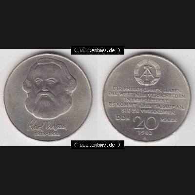 DDR Münze 1983, 20 Mark Gedenkmünze der DDR, Karl Marx 1818-1883 - Münzen-Vorderseite und Rückseite mit Wappen auf einen Digitalen Bild, der Münze aus Deutschland... Sammlung