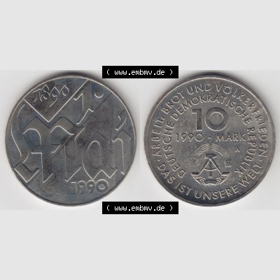 DDR Münze 1990, 10 Mark Gedenkmünze der DDR, A 100 Jahre 1. Mai - Münzen-Vorderseite und Rückseite mit Wappen auf einen Digitalen Bild, der Münze aus Deutschland... Sammlung