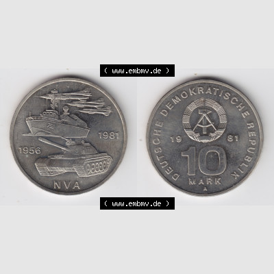 DDR Münze 1981, 10 Mark Gedenkmünze der DDR, 1956-1981 NVA, 25 Jahre NVA - Münzen-Vorderseite und Rückseite mit Wappen auf einen Digitalen Bild, der Münze... Sammlung