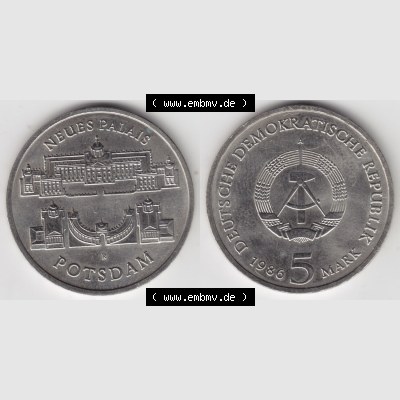 DDR Münze 1986, 5 Mark A Neues Palais in Potsdam - Münzen-Vorderseite und Rückseite mit Wappen auf einen Digitalen Bild, der Münze aus Deutschland der DDR, der Deutschen... Sammlung