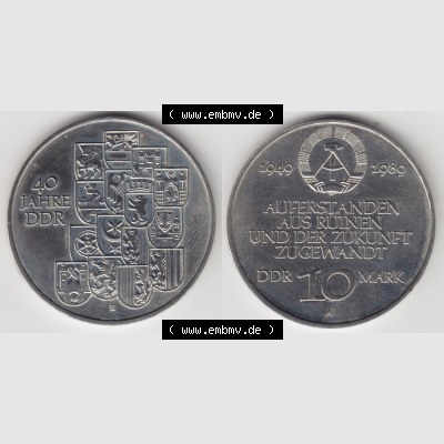 DDR Münze 1989, 10 Mark Gedenkmünze der DDR A, 40 Jahre DDR, Deutsche Demokratische Republik - Münzen-Vorderseite und Rückseite mit Wappen auf einen Digitalen Bild,... Sammlung