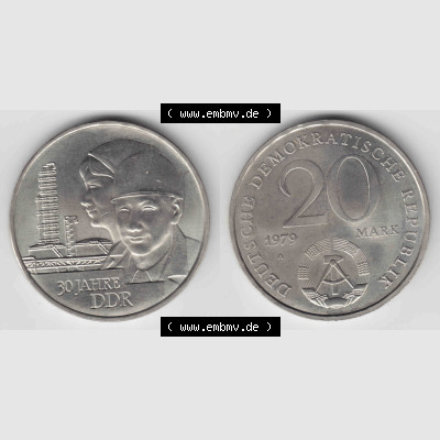 DDR Münze 1979, 20 Mark Gedenkmünze der DDR, 30 Jahre DDR - Münzen-Vorderseite und Rückseite mit Wappen auf einen Digitalen Bild, der Münze aus Deutschland der... Sammlung