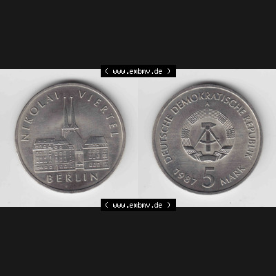 DDR Münze 1987, 5 Mark DDR-Gedenkmünze Nikolai Viertel Berlin - Münzen-Vorderseite und Rückseite mit Wappen auf einen Digitalen Bild, der Münze aus Deutschland der... Sammlung