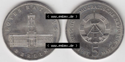 DDR Münze 1987, 5 Mark A Rotes Rathaus in Berlin - Münzen-Vorderseite und Rückseite mit Wappen auf einen Digitalen Bild, der... Sammlung