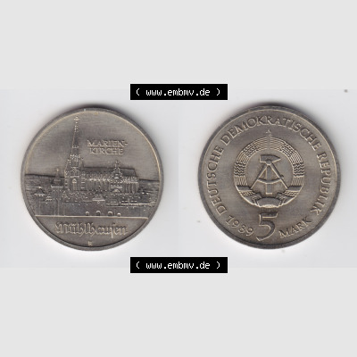 DDR Münze 1989, 5 Mark Gedenkmünze, Marienkirche Mühlhausen - Münzen-Vorderseite und Rückseite mit Wappen auf einen Digitalen Bild, der Münze aus Deutschland... Sammlung