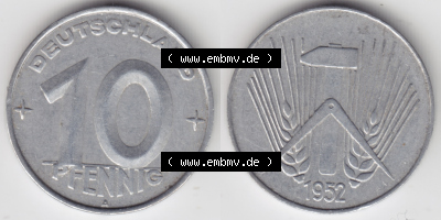 DDR Münze 1952, A 10 Pfennig - Münzen-Vorderseite und Rückseite mit Wappen auf einen Digitalen Bild, der Münze aus Deutschland... Sammlung