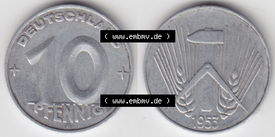 DDR Münze 1953, E 10 Pfennig - Münzen-Vorderseite und Rückseite mit Wappen auf einen Digitalen Bild, der Münze aus Deutschland... Sammlung