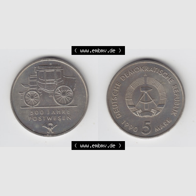 DDR Münze 1990, 5 Mark Gedenkmünze, 500 Jahre Postwesen - Münzen-Vorderseite und Rückseite mit Wappen auf einen Digitalen Bild, der Münze aus Deutschland der... Sammlung