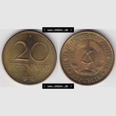 DDR Münze 1969-1990 Umlaufmünze / Kursmünze zu 20 Pfennig A - Münzen-Vorderseite und Rückseite mit Wappen auf einen Digitalen Bild, der Münze aus Deutschland der... Sammlung