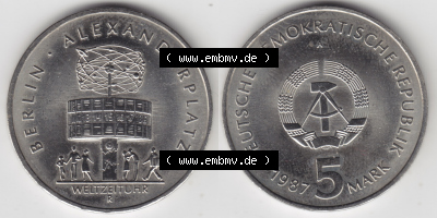 DDR Münze 1987, 5 Mark, A Berlin Alexanderplatz, Weltzeituhr - Münzen-Vorderseite und Rückseite mit Wappen auf einen Digitalen... Sammlung
