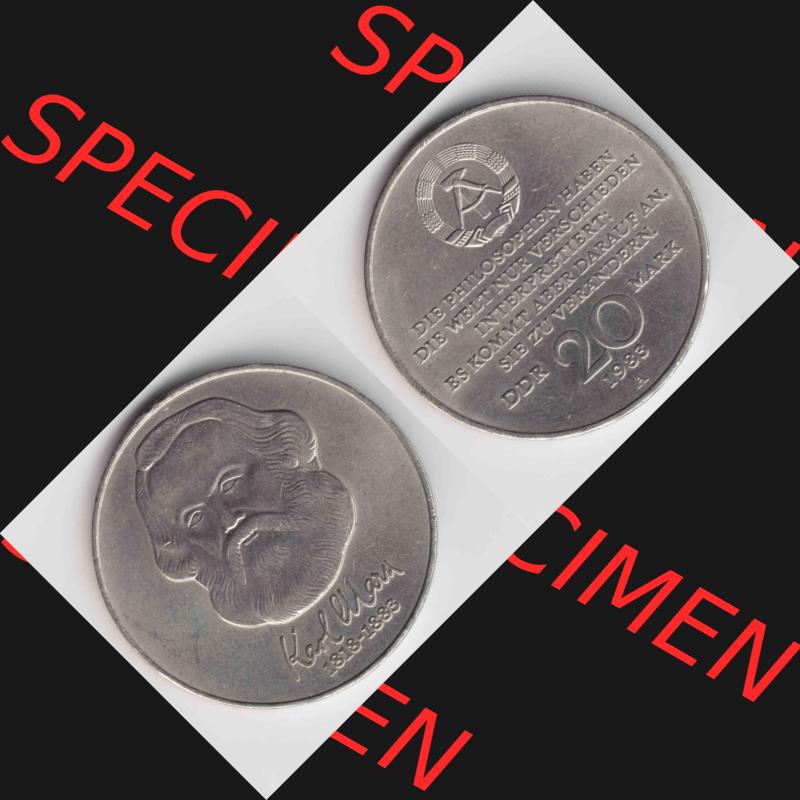 DDR Münze 1983, 20 Mark Gedenkmünze der DDR, Karl Marx 1818-1883 - Münzen-Vorderseite und Rückseite mit Wappen auf einen Digitalen Bild, der Münze aus Deutschland... Sammlung
