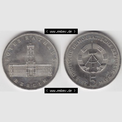 DDR Münze 1987, 5 Mark A Rotes Rathaus in Berlin - Münzen-Vorderseite und Rückseite mit Wappen auf einen Digitalen Bild, der Münze aus Deutschland der DDR, der Deutschen... Sammlung